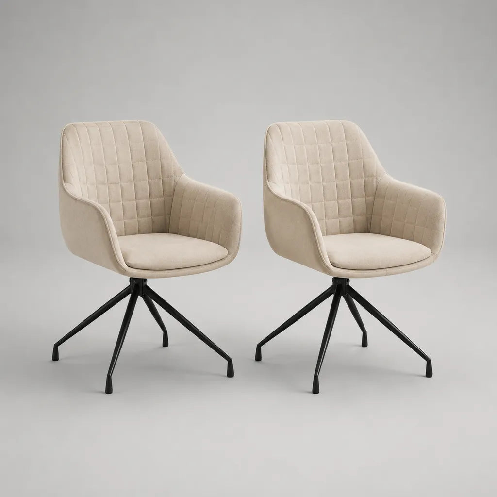 Drehbare Esszimmerstühle mit Armlehnen im 2er-Set, Polyester-Velours und Stahl, Beige/Schwarz, je 58 × 61 × 84 cm