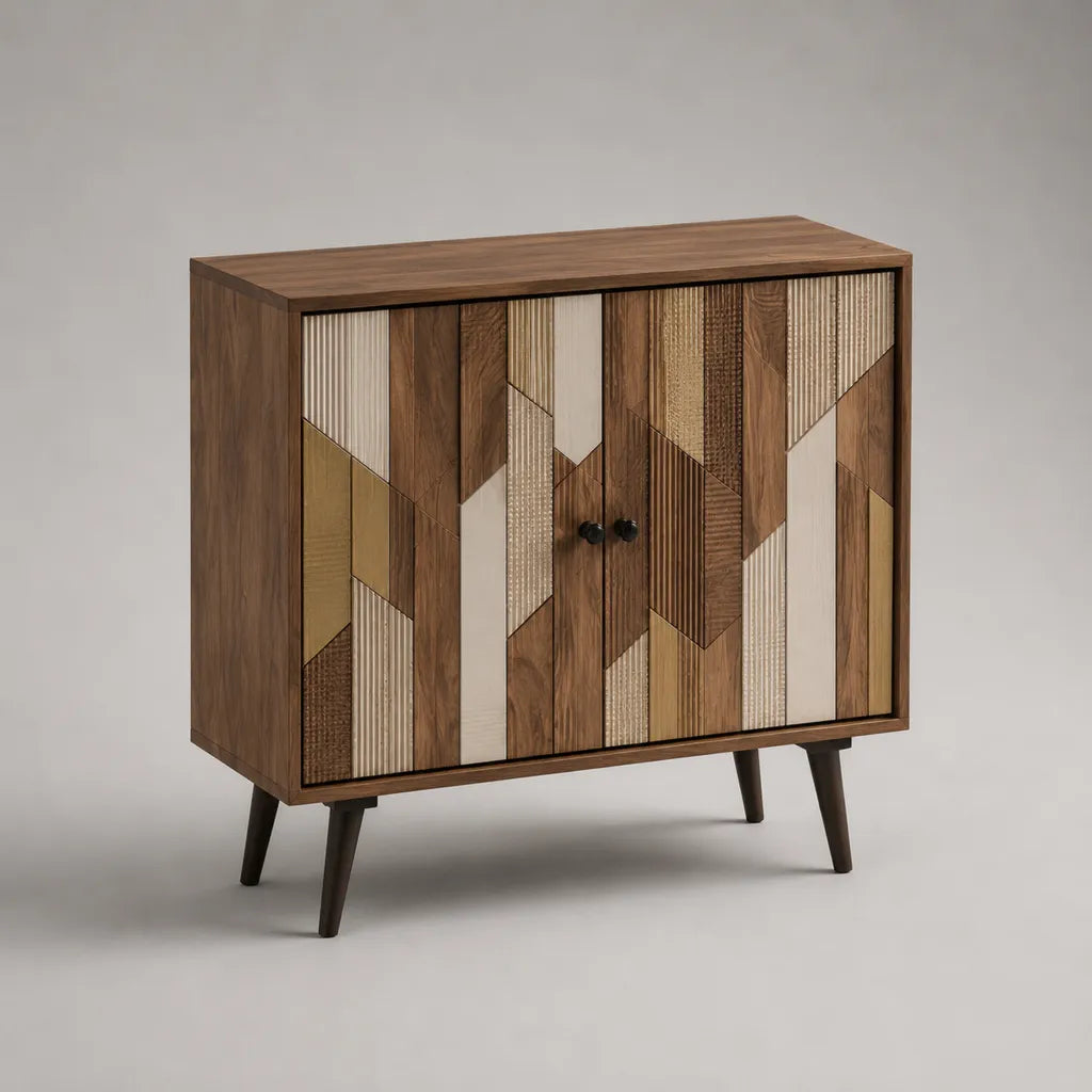 Sideboard mit 2 Türen aus MDF mit Walnussfurnier, Braun, Beige, Goldfarben und Schwarz, 120 × 40 × 100 cm