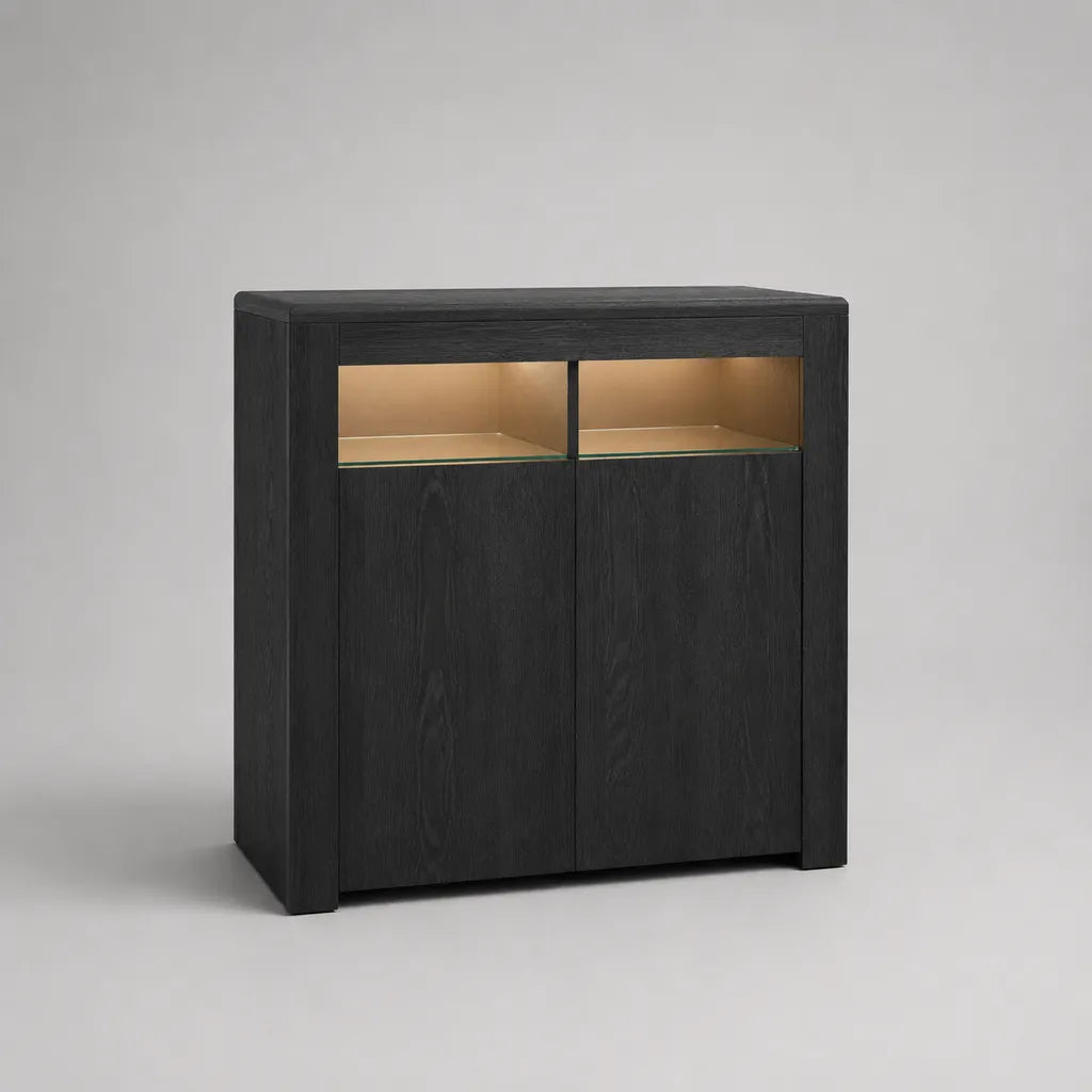 Sideboard mit LED-Beleuchtung, 2 Türen, Spanplatte, MDF und Glas, Schwarz, 100 × 40 × 110 cm