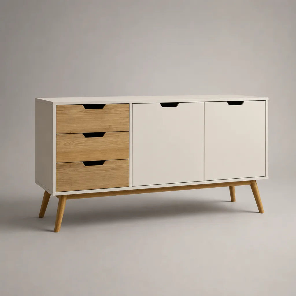 Sideboard mit 3 Schubladen und 2 Türen aus melaminbeschichteter Spanplatte, Weiß und Eichefarben, 120 × 40 × 75 cm