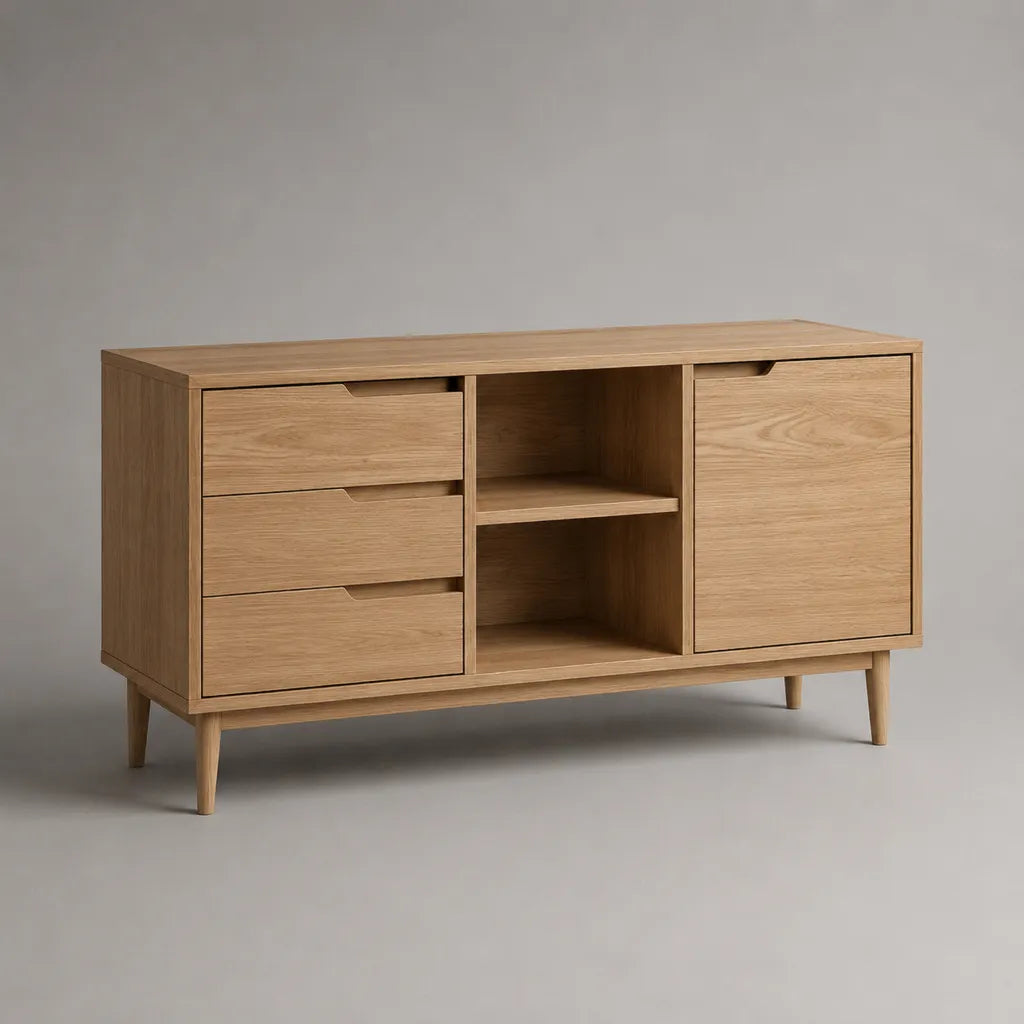 Sideboard mit 3 Schubladen, 1 Tür und 2 offenen Fächern, Eichenfurnier, Eiche natur, 120 × 40 × 75 cm