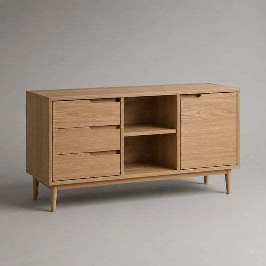 Sideboard mit 3 Schubladen, 1 Tür und 2 offenen Fächern, Eichenfurnier, Eiche natur, 120 × 40 × 75 cm