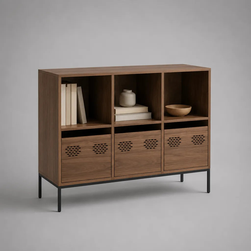 Sideboard aus Spanplatte und Stahl mit 3 offenen Fächern und 3 Klappfächern, Walnussbraun/Schwarz, 120 × 40 × 100 cm