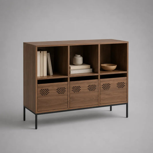 Sideboard aus Spanplatte und Stahl mit 3 offenen Fächern und 3 Klappfächern, Walnussbraun/Schwarz, 120 × 40 × 100 cm