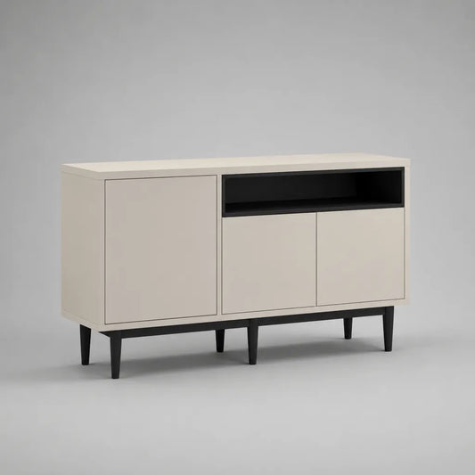 Flurschrank-Sideboard aus MDF mit 3 Türen und offenem Fach, Beige und Schwarz, 120 × 35 × 80 cm