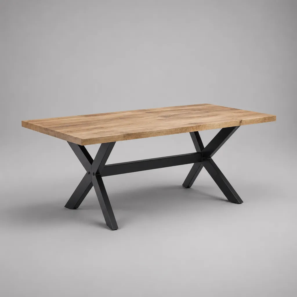Rechteckiger Esstisch aus Akazienmassivholz und Stahl, Naturfarben/Schwarz, 180 × 90 × 76 cm