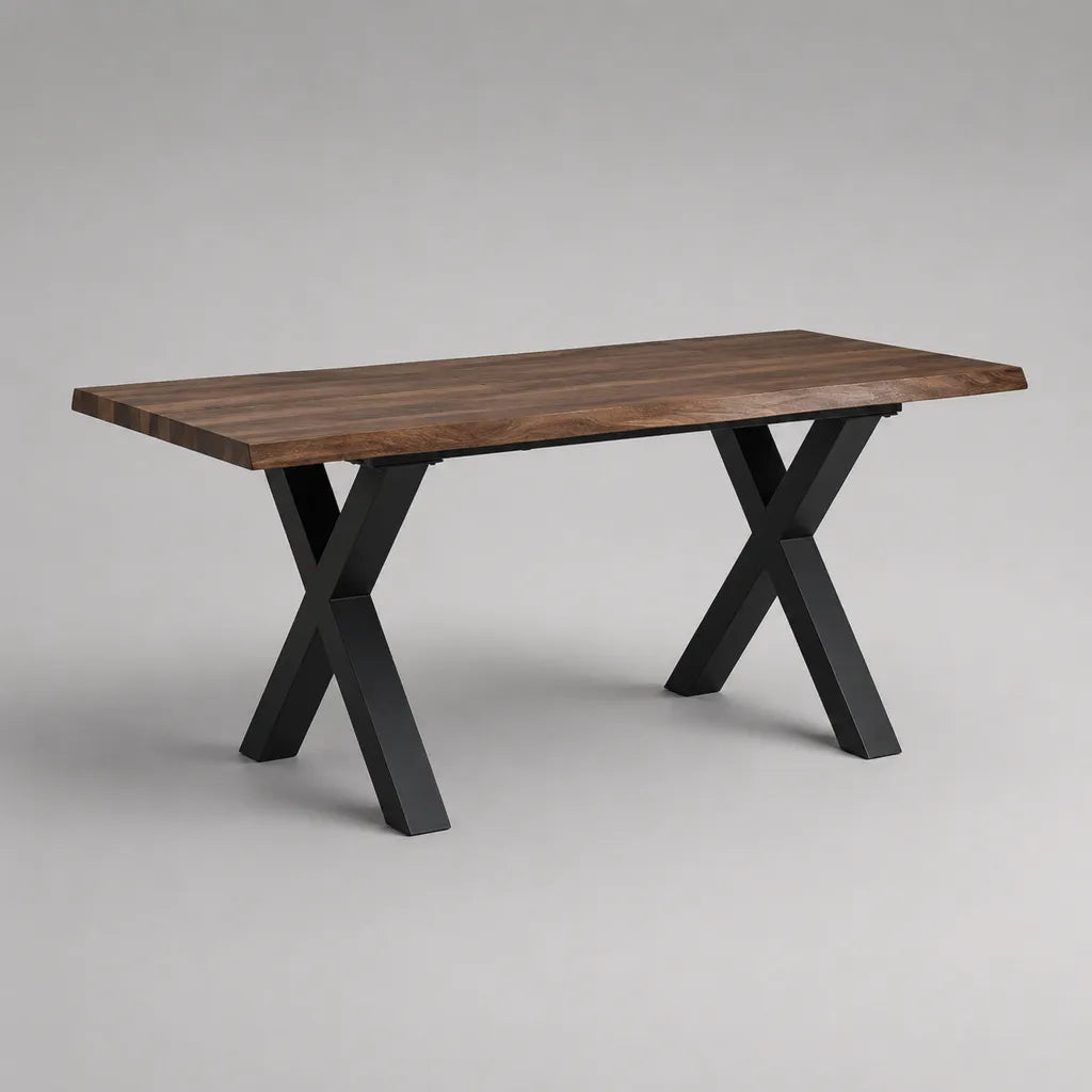 Esstisch aus Akazien-Massivholz mit Stahlgestell in X-Form, Braun/Schwarz, 160 × 80 × 76 cm