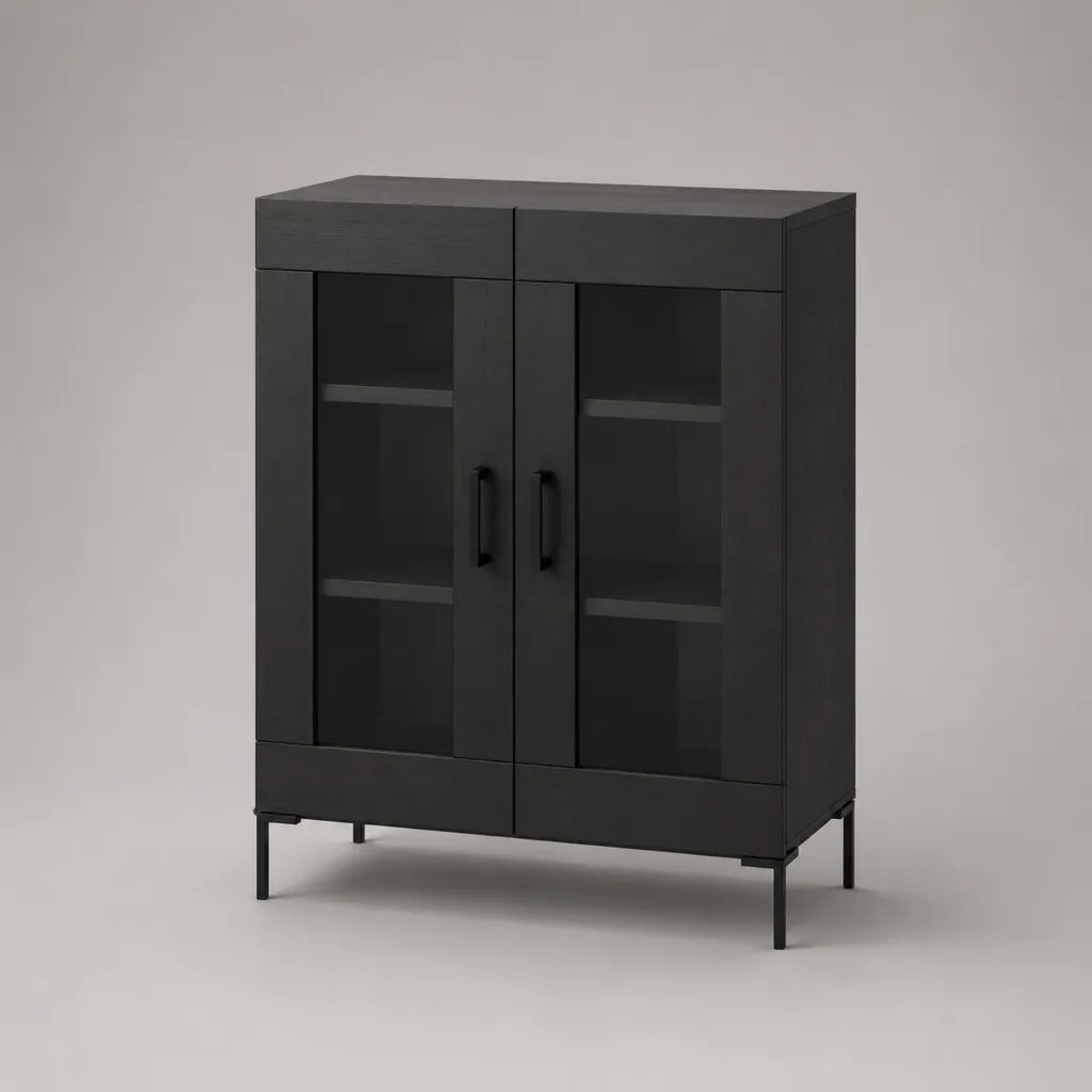 Highboard Sideboard aus Spanplatte, Glas und Stahl mit 2 Glastüren und 2 Schubladen, Schwarz, 90 × 40 × 120 cm
