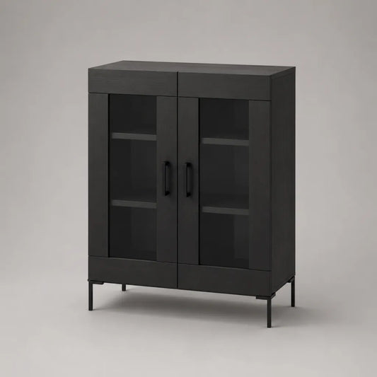 Highboard Sideboard aus Spanplatte, Glas und Stahl mit 2 Glastüren und 2 Schubladen, Schwarz, 90 × 40 × 120 cm