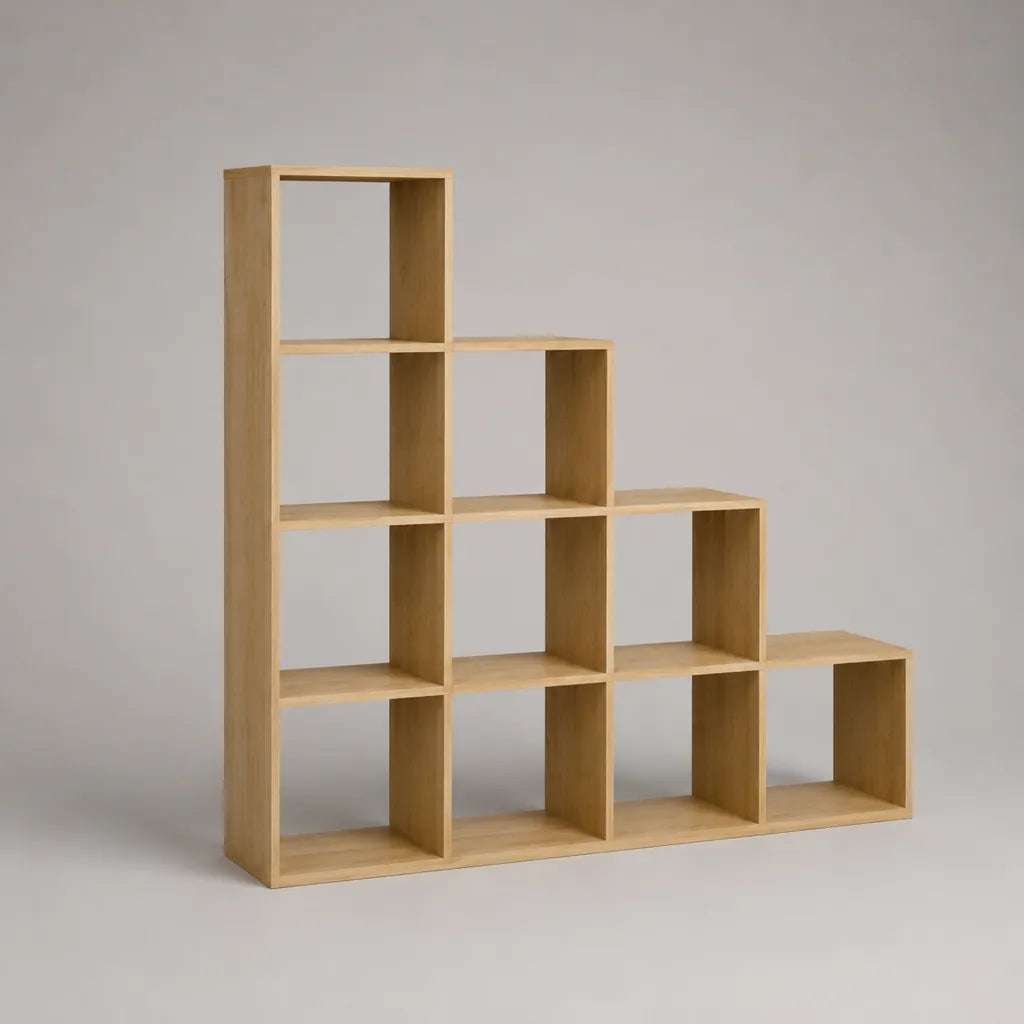 Treppenregal Bodenregal Raumteiler aus Spanplatte mit 10 Fächern, 142 × 29 × 142 cm, Naturbraun