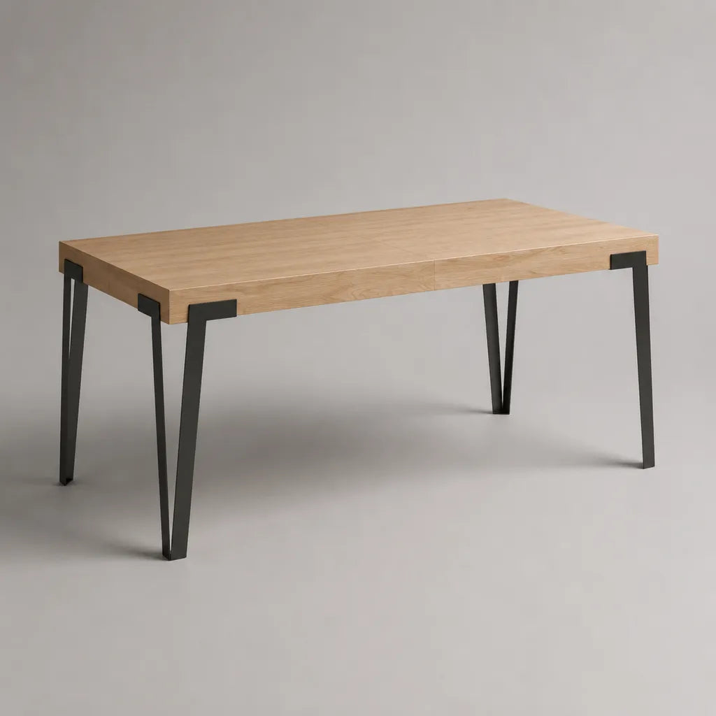 Rechteckiger Esstisch mit Eichenfurnier und Stahlgestell, Natur/Schwarz, 160 x 80 x 75 cm