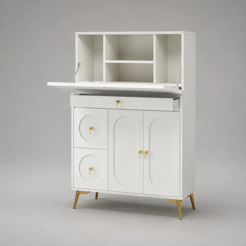Sekretärschrank mit Schreibklappe aus MDF, Weiß und Gold, 100 × 40 × 160 cm