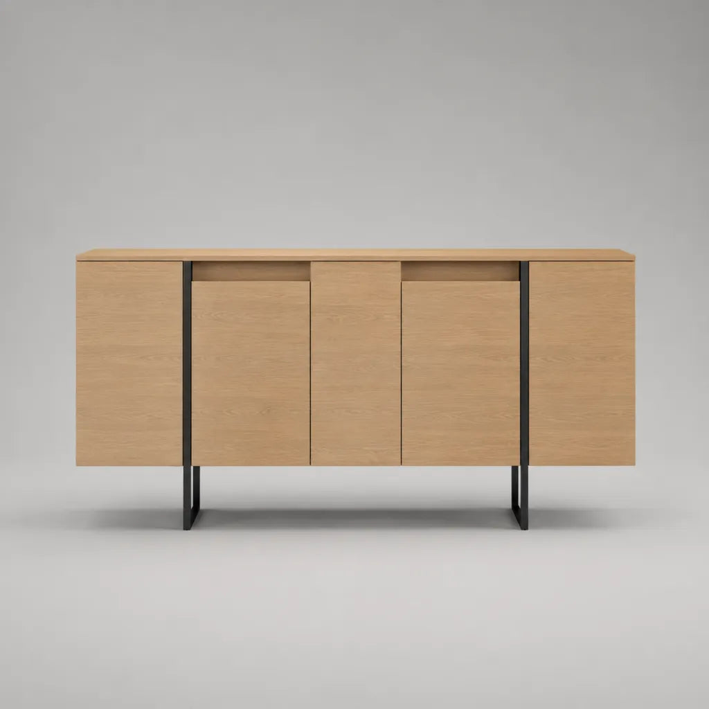 Sideboard mit 5 Türen aus MDF, Eichenfurnier und Stahl, Eichenfarben/Schwarz, 180 × 40 × 85 cm