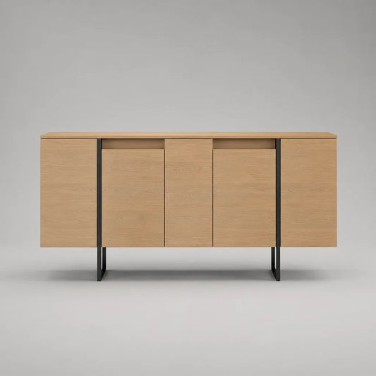Sideboard mit 5 Türen aus MDF, Eichenfurnier und Stahl, Eichenfarben/Schwarz, 180 × 40 × 85 cm