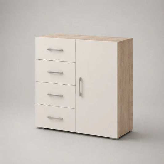Sideboard aus Spanplatte mit 4 Schubladen und 1 Tür, Weiß/Eiche hell, 80 × 35 × 85 cm